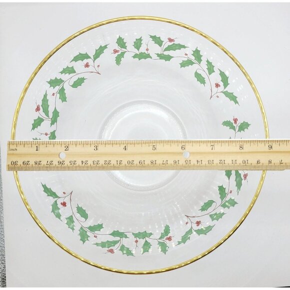 Lenox Arcoroc Christmas Holly Berry 9” Clear Glass Serving Bowl with Gold Trim - Picture 9 of 11